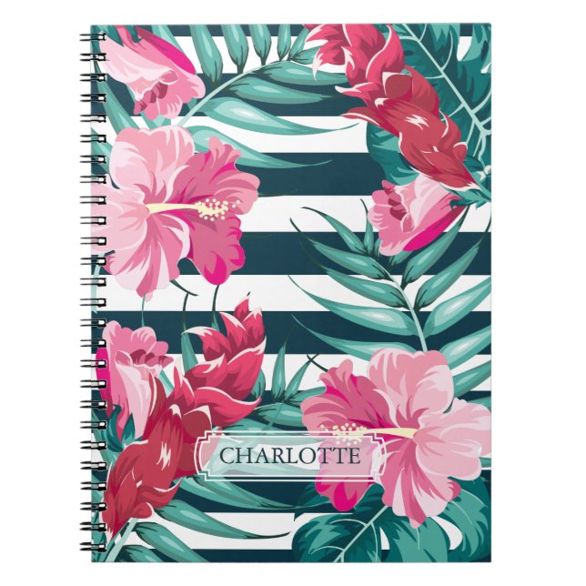 Cuaderno Monograma floral de verano exótico a rayas (Frente)
