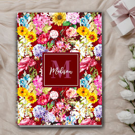Cuaderno Monograma floral elegante amarillo rojo curtido