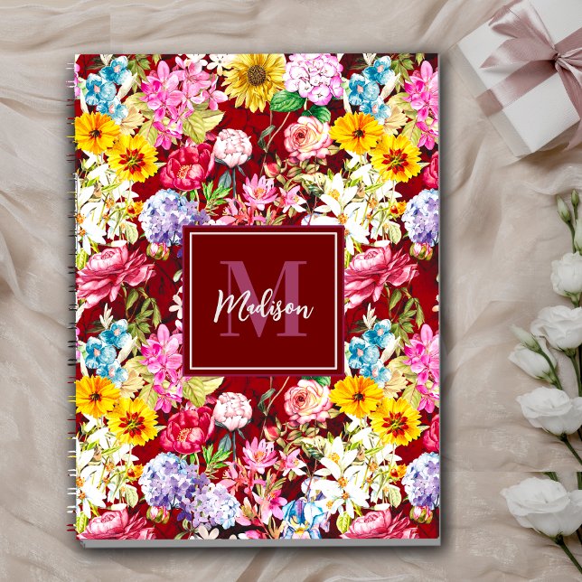 Cuaderno Monograma floral elegante amarillo rojo curtido (Subido por el creador)