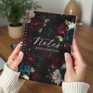 Cuaderno Monograma Floral Elegante Turquesa Oscuro Rojo