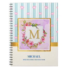 Cuaderno Monograma Floral Elegante y Rayas Pastel Azules