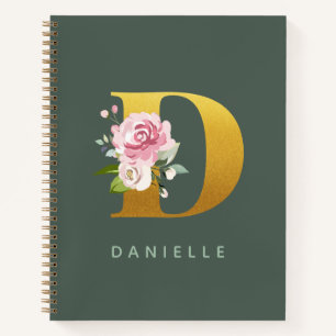 Cuaderno Monograma Floral Personalizada Faux Gold Letter D
