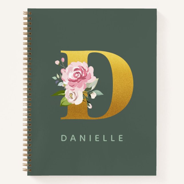 Cuaderno Monograma Floral Personalizada Faux Gold Letter D (Anverso)