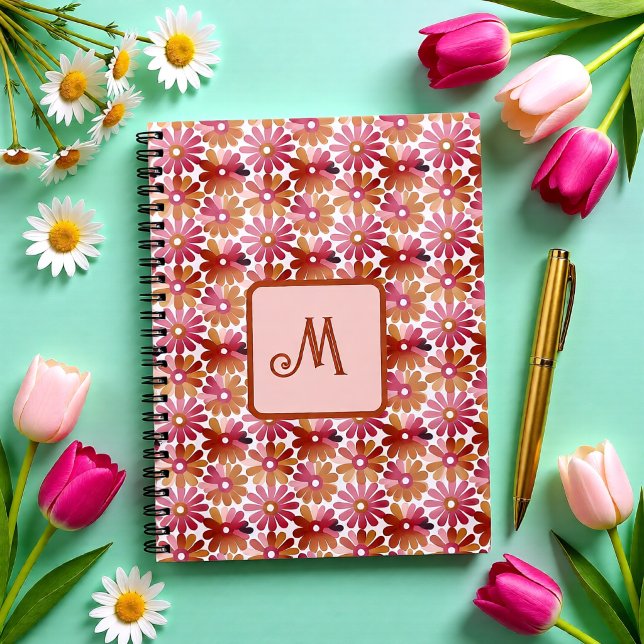 Cuaderno Monograma Floral Retro – Flores Rosas y Marrones (Retro Floral Monogram – Pink & Brown Flowers Notebook)