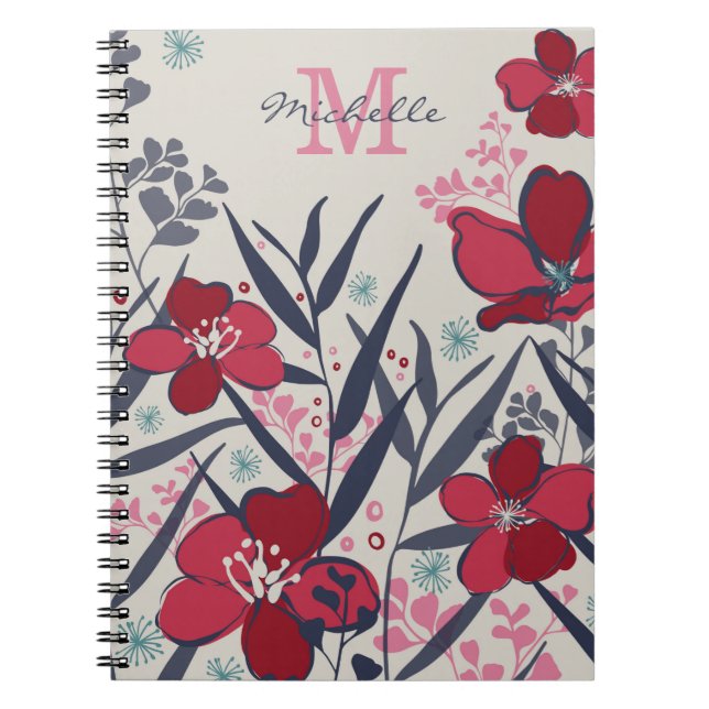 Cuaderno Monograma floral roja y rosa chic (Frente)