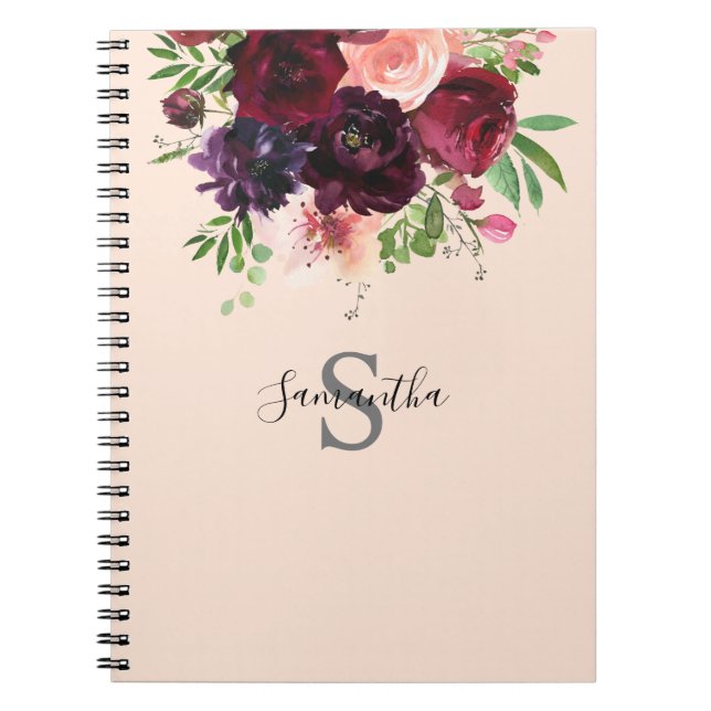 Cuaderno Monograma floral rosa de Borgoña y Rubor (Frente)