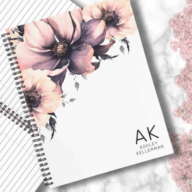 Cuaderno Monograma Floral Rosa Elegante Moderno Inicial (Modern Elegant Monogram Initial Boho Pink Floral Notebook)