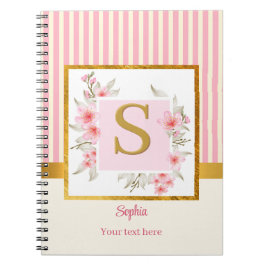 Cuaderno Monograma Floral Rosa Elegante y Rayas Doradas
