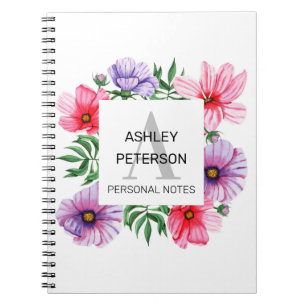 Cuaderno Monograma floral rosa personalizado femenino lindo
