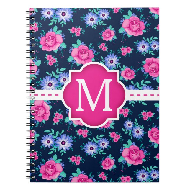 Cuaderno Monograma floral rosado del personalizado del (Frente)