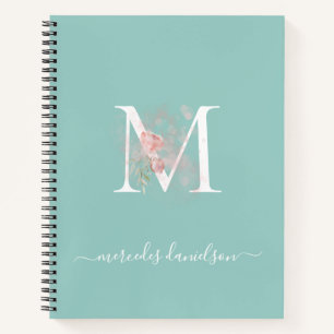 Cuaderno Monograma floral verde menta moderno rosa