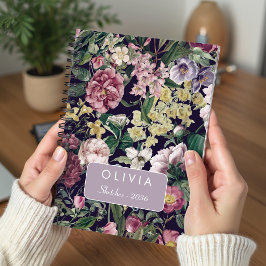 Cuaderno Monograma Floral Vintage Rosa Negro de Moda