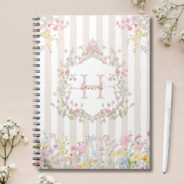 Cuaderno Monograma Flores Coloridas Rayas Arte Rococó