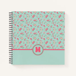 Cuaderno Monograma Flores rosadas delgadas Verde azuladas