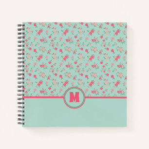 Cuaderno Monograma Flores rosadas delgadas Verde azuladas