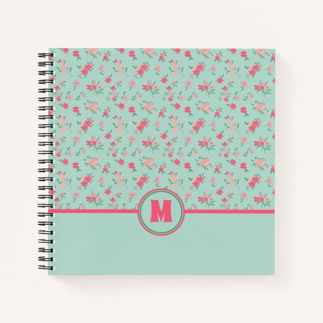Cuaderno Monograma Flores rosadas delgadas Verde azuladas (Anverso)