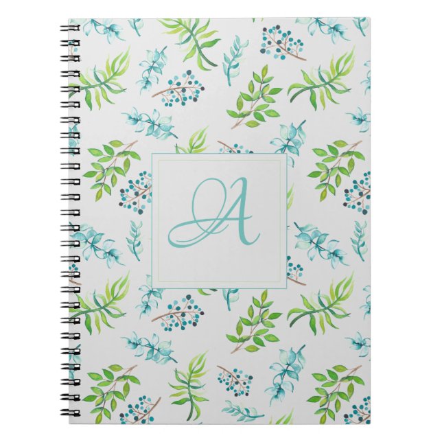 Cuaderno Monograma Flores salvajes Decoración verde azul Bo (Frente)