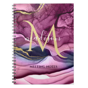 Cuaderno Monograma Geoda de Ágata Morado Rosa y Dorado 