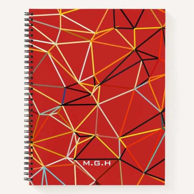 Cuaderno Monograma geométrico abstracto rojo dinámico (Anverso)