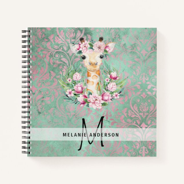 Cuaderno Monograma GIRAFFE Boho Flores Bonito Girly Moderno (Anverso)