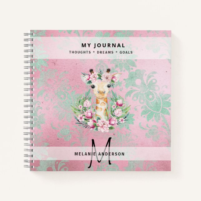 Cuaderno Monograma GIRAFFE Boho Flores Bonito Girly Moderno (Anverso)