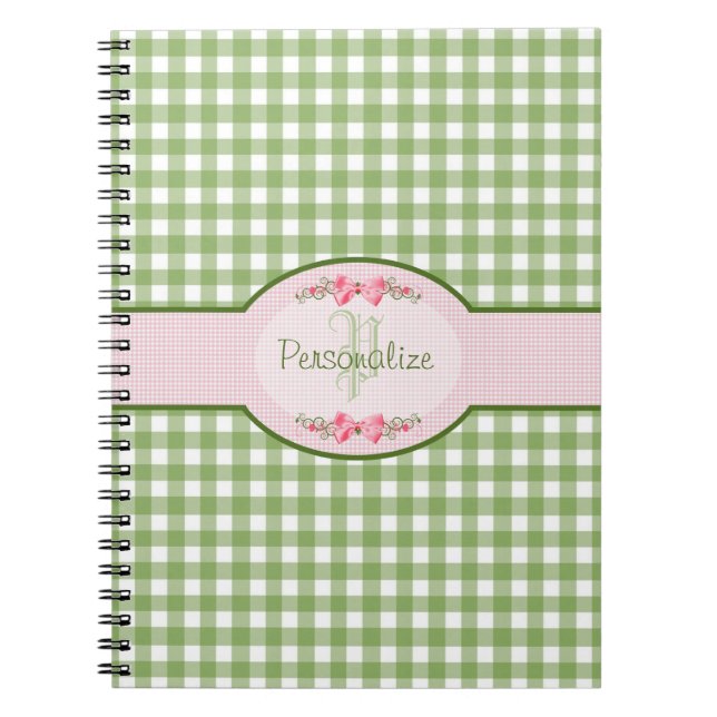 Cuaderno Monograma Girly Green Gingham Con Nombre (Frente)