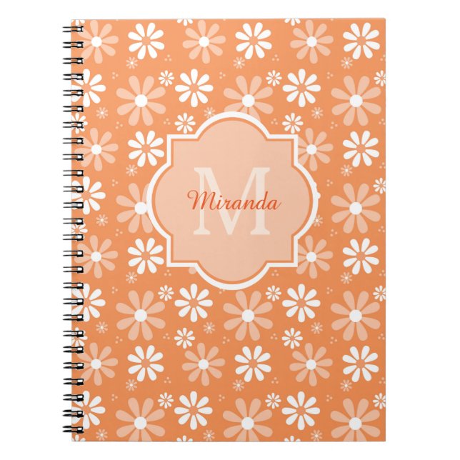 Cuaderno Monograma Girly Naranja lindo flores de margarita  (Frente)