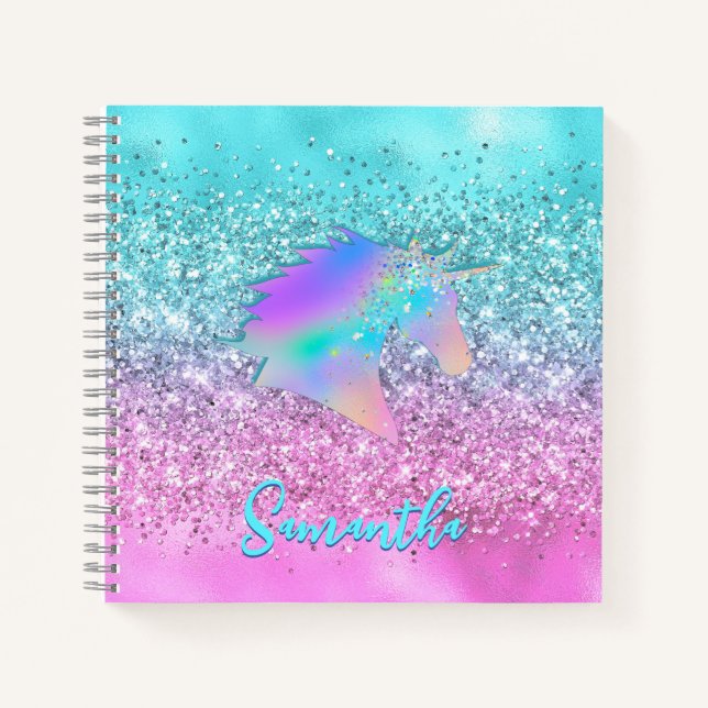 Cuaderno Monograma glamour con purpurina de unicornio rosa  (Anverso)
