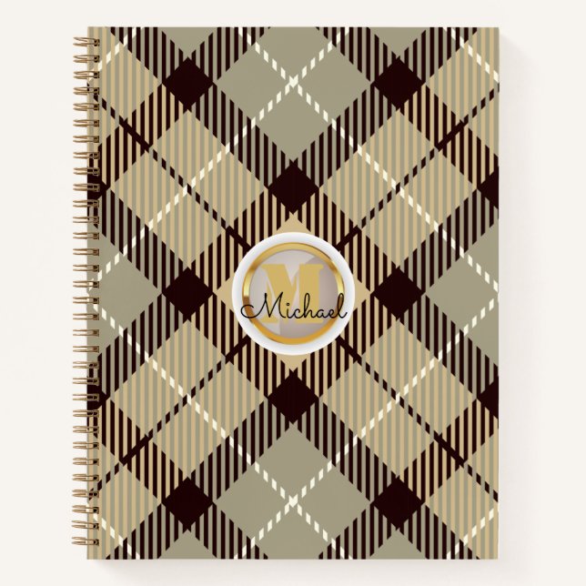Cuaderno Monograma Gold personalizado Gray Tartan Plaid (Anverso)