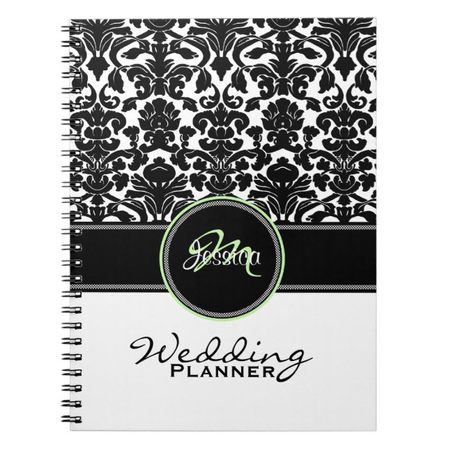 Cuaderno Monograma Green Black Damask Planner (Frente)