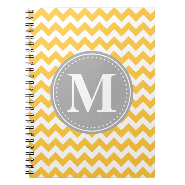 Cuaderno Monograma gris del patrón de cheurón amarillo gira (Frente)