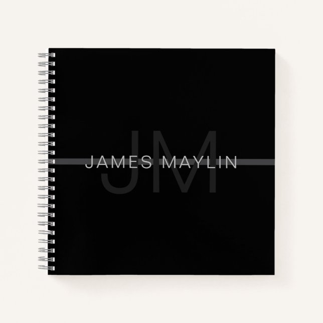Cuaderno Monograma Gris Oscuro, Nombre y Raya Geométrica (Anverso)