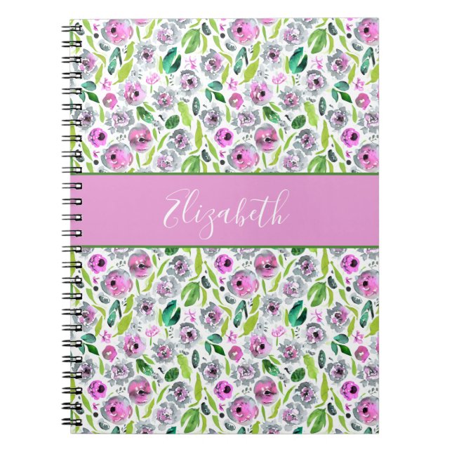 Cuaderno Monograma Gris Rosa Verde Boho Acuarela Flora (Frente)