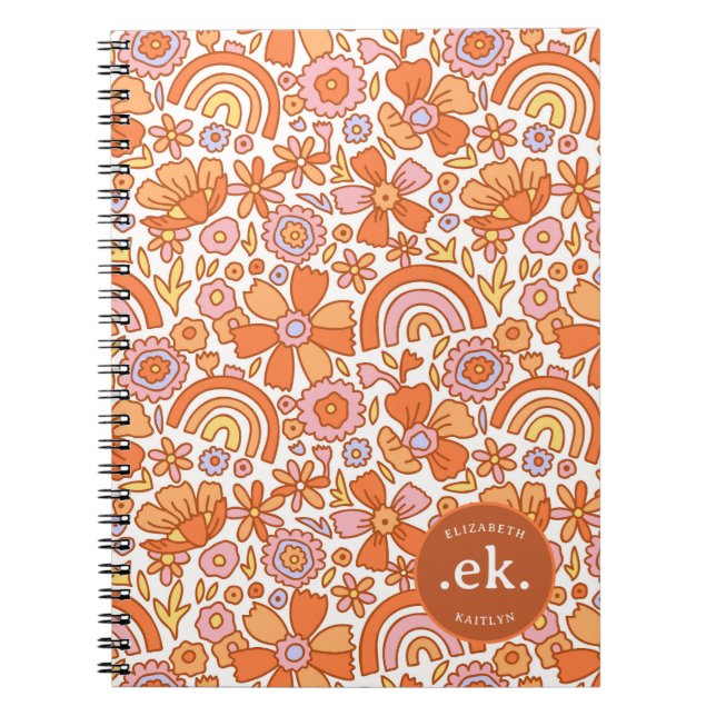 Cuaderno Monograma Groovy Retro Naranja Florals (Frente)