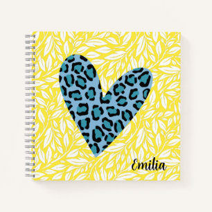 Cuaderno Monograma hermoso corazón de leopardo Azul Amarill