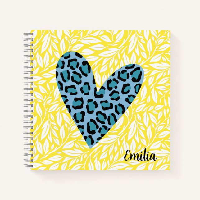 Cuaderno Monograma hermoso corazón de leopardo Azul Amarill (Anverso)