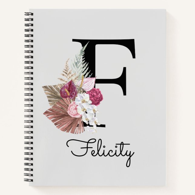 Cuaderno Monograma inicial F Floral Boho Rosa (Anverso)