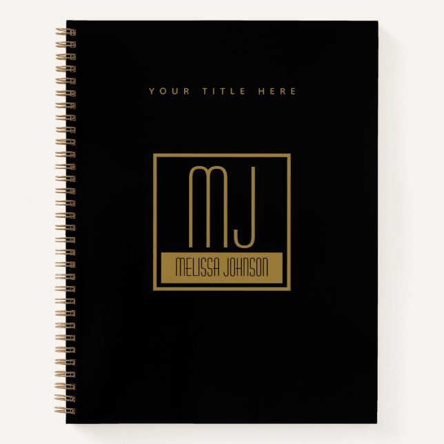 Cuaderno Monograma inicial moderno negro y oro (Anverso)