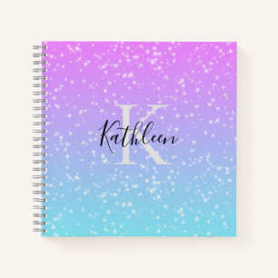 Cuaderno Monograma inicial nombre rosa azul destello femeni