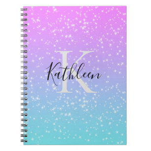 Cuaderno Monograma inicial nombre rosa azul destello femeni