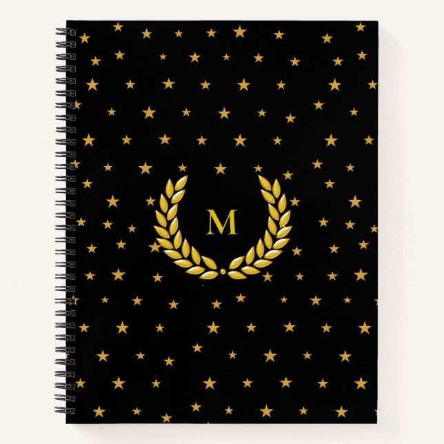 Cuaderno Monograma, laurel y estrellas doradas sobre negro (Anverso)