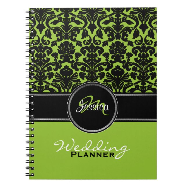 Cuaderno Monograma Lime Blanco Negro Damask Planner (Frente)