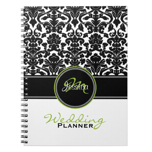 Cuaderno Monograma Lime Blanco Negro Damask Planner (Frente)