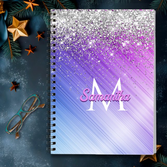 Cuaderno Monograma lindo con brillo plateado falso y morado (Subido por el creador)