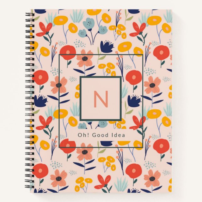 Cuaderno Monograma lindo patrón floral rosa rubor (Anverso)