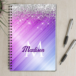 Cuaderno Monograma lindo y cepillado de purpurina plateada