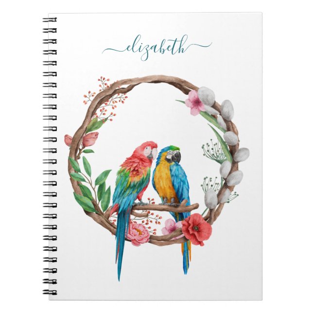 Cuaderno Monograma loros Aves Macao Coloridas Florales  (Frente)