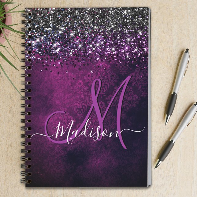 Cuaderno Monograma magenta negro falso purpurina (Subido por el creador)