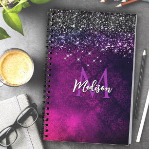 Cuaderno Monograma magenta negro falso purpurina