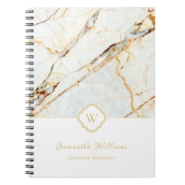 Cuaderno Monograma Mármol Elegante Blanco Oro Bloc de notas (Frente)